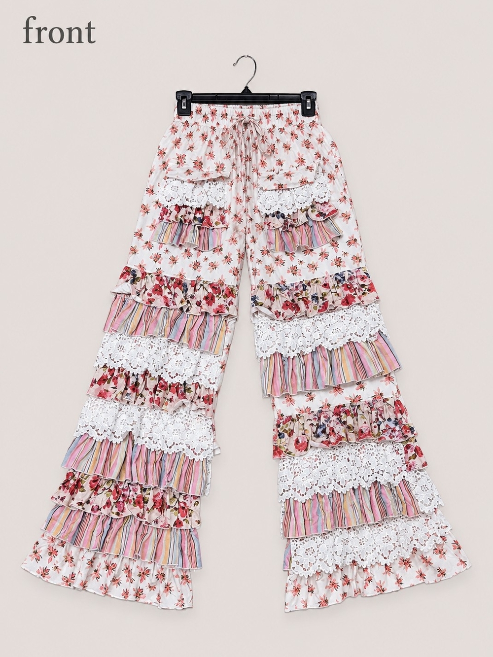 Boho Floral Tiered Wide-Leg Pants in Ivory Pink - NWOT - Picture 4 of 6